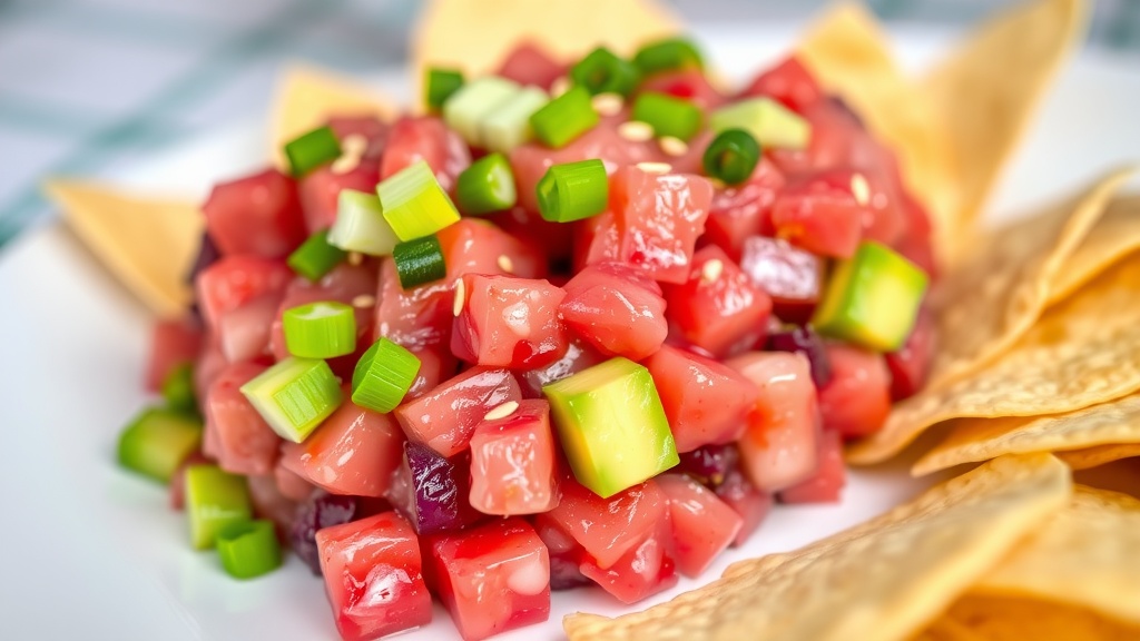 Fresh and Delicious Tuna Tartare Recipe A colorful Tuna Tartare with diced tuna and avocado, garnished with scallions and sesame seeds, served with chips.